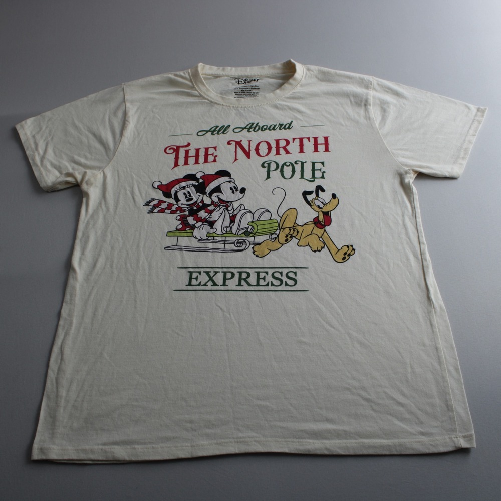 Disney Christmas Mickey Minnie Pluto North Pole Express T-Shirt Cream Large